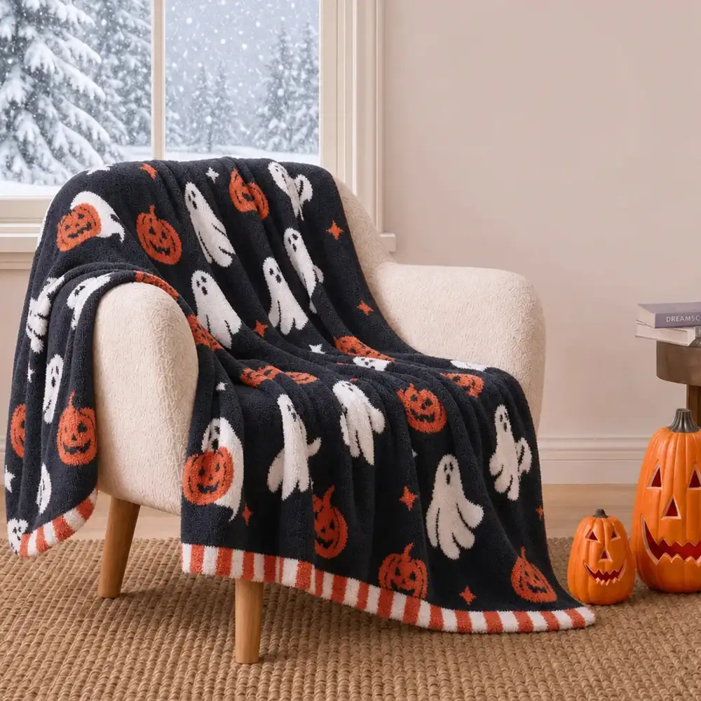 Ghost-Motif Pumpkin-Motif Throw Blanket