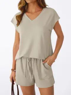 Relaxed Drawstring Pocketed Shirt and Shorts Matching Set