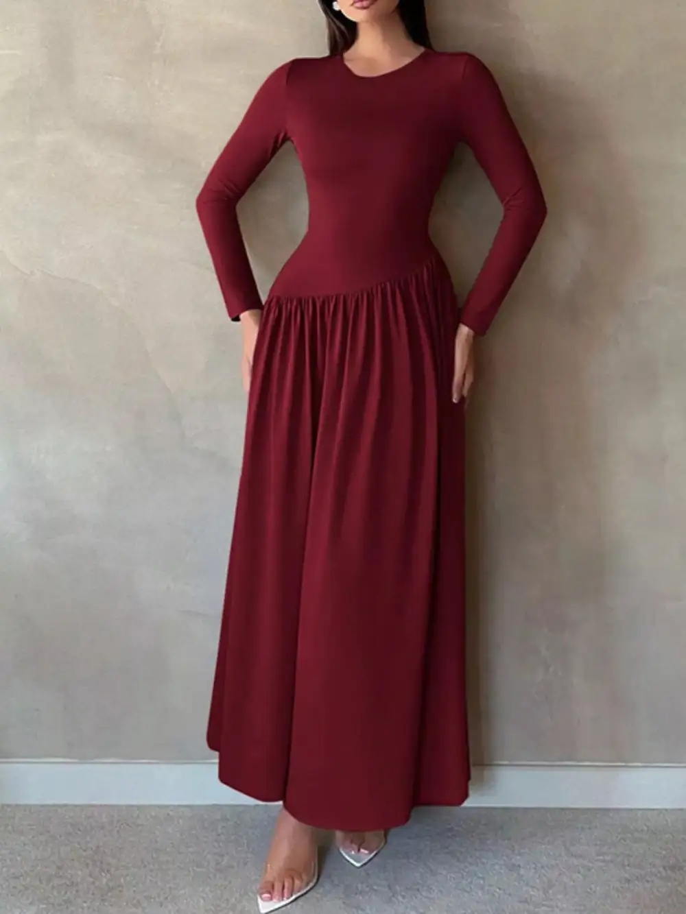 Long Sleeve Ruched A Line Maxi Dress