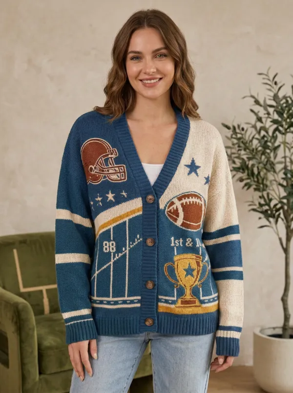 Women's American Football Fan Helmet Trophy Pattern Knitted Cardigan