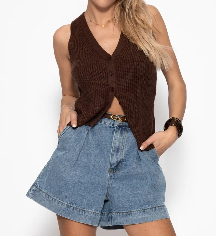 Brown Knit Button Placket Top