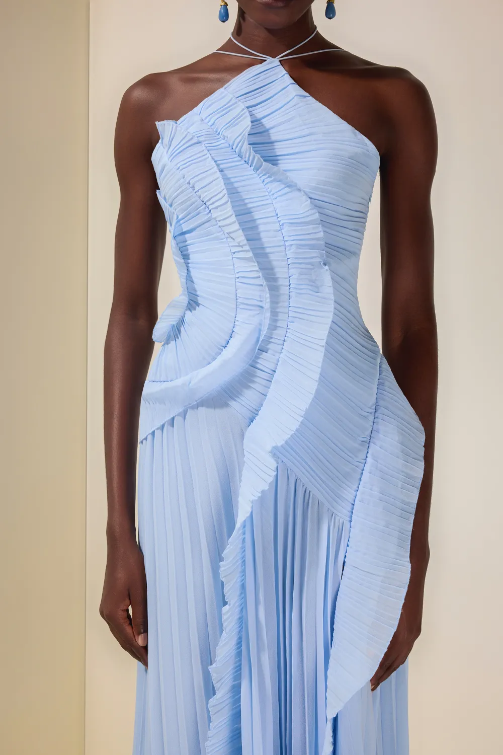 Pleated Frill Halter Neck Midi Dress