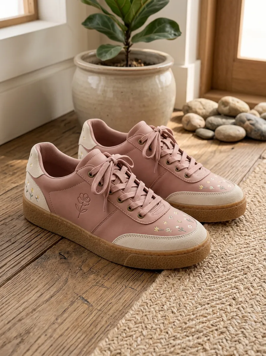 Women's Floral Pattern Pink Embroidered Printed Sneakers