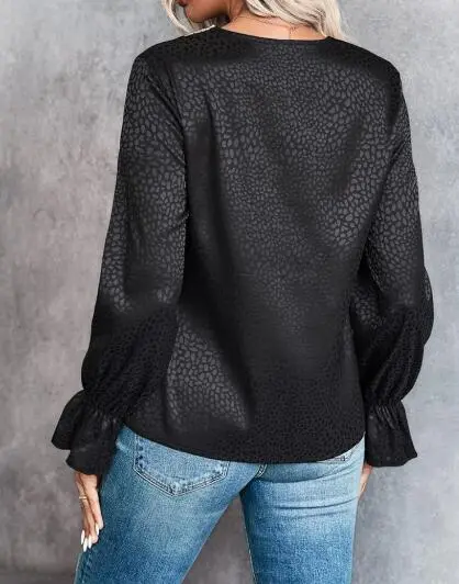 Trimmed V Neck Long Sleeve Blouse