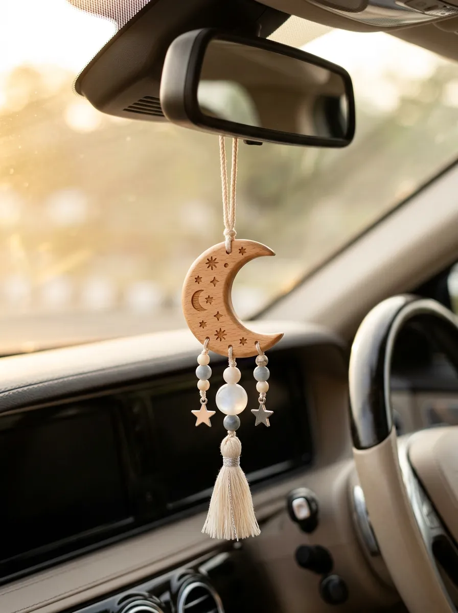 Moon-Star Wooden Rearview Mirror Hanging Ornament