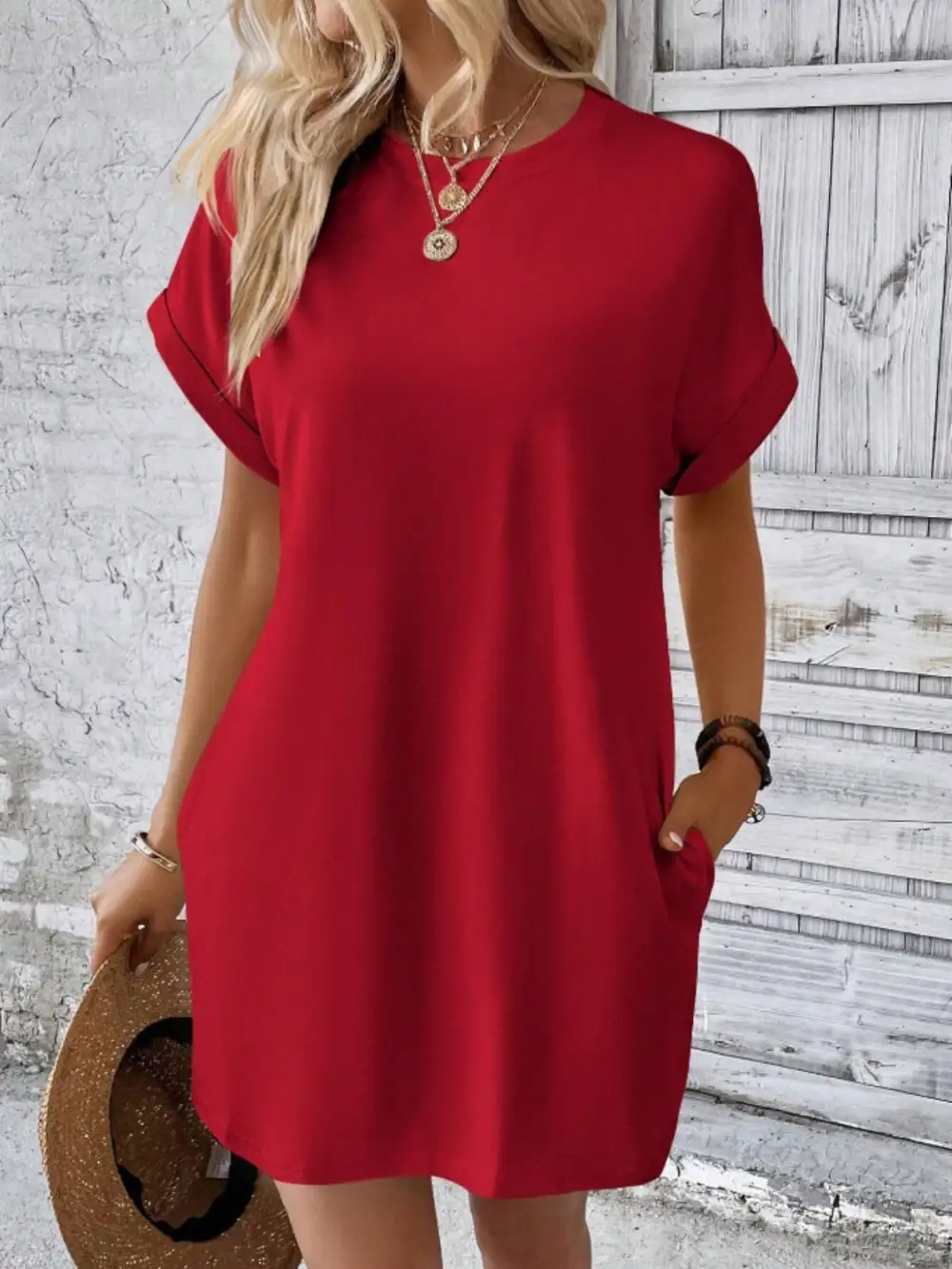 Round-Neck Short-Sleeve Cotton Casual Dress