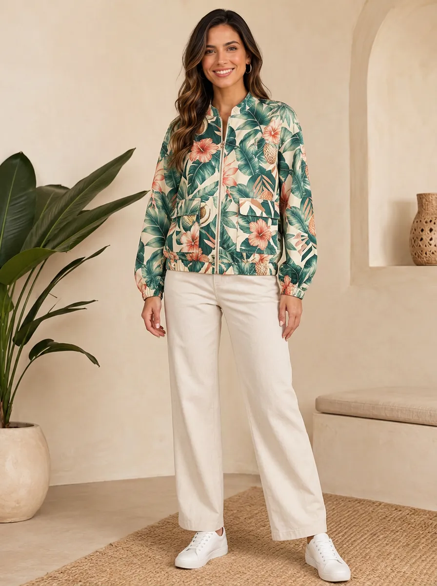Women's Tropical Hibiscus Leaf Printed Bomber Jacket