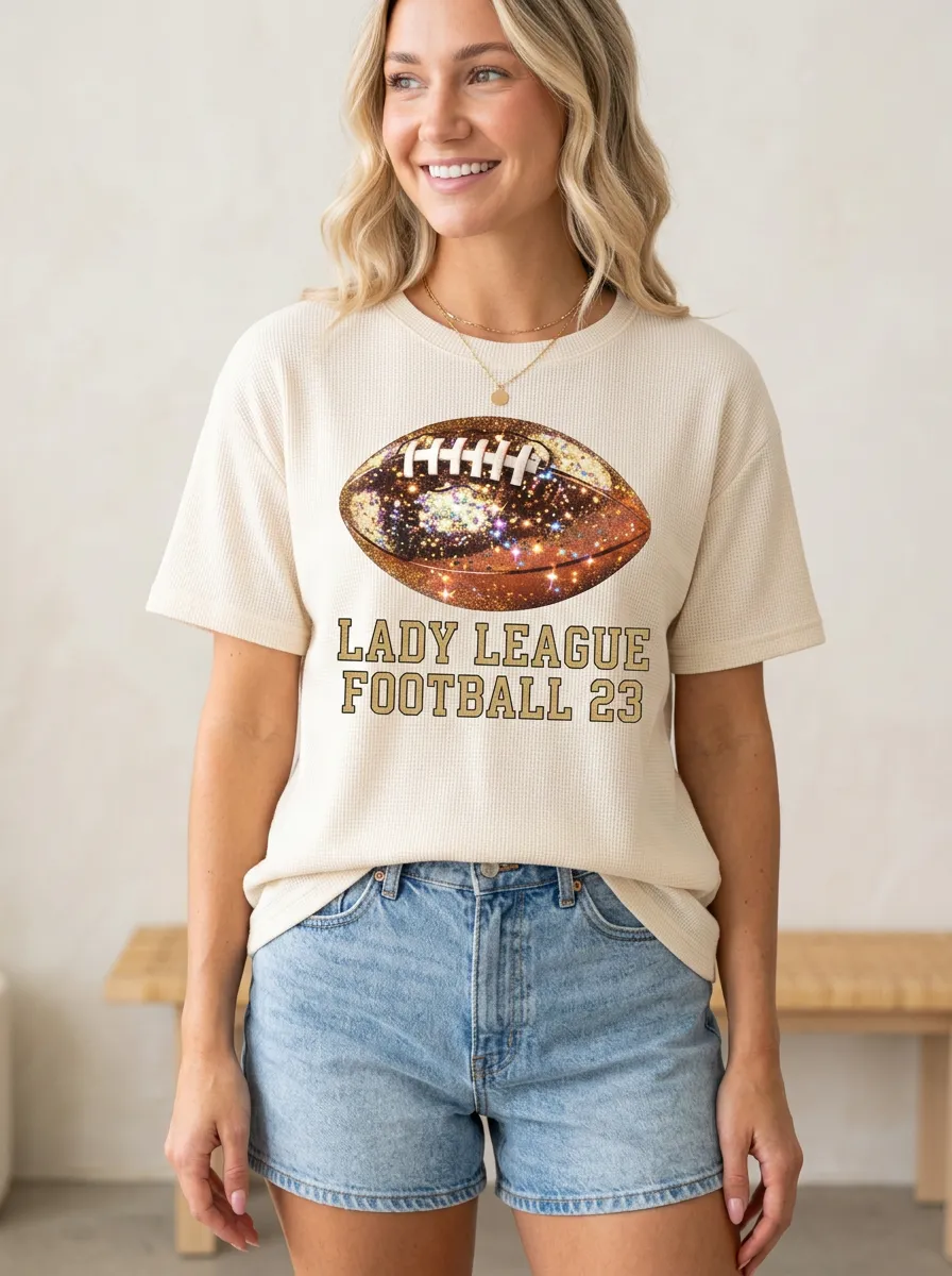 Women's Distinctive Football Ball Sparkle Crew Neck Graphic T-Shirt