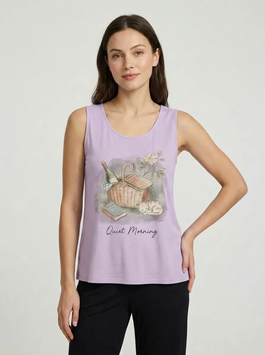 Women's Quiet Morning Picnic Cat Wine Printed Tank Top