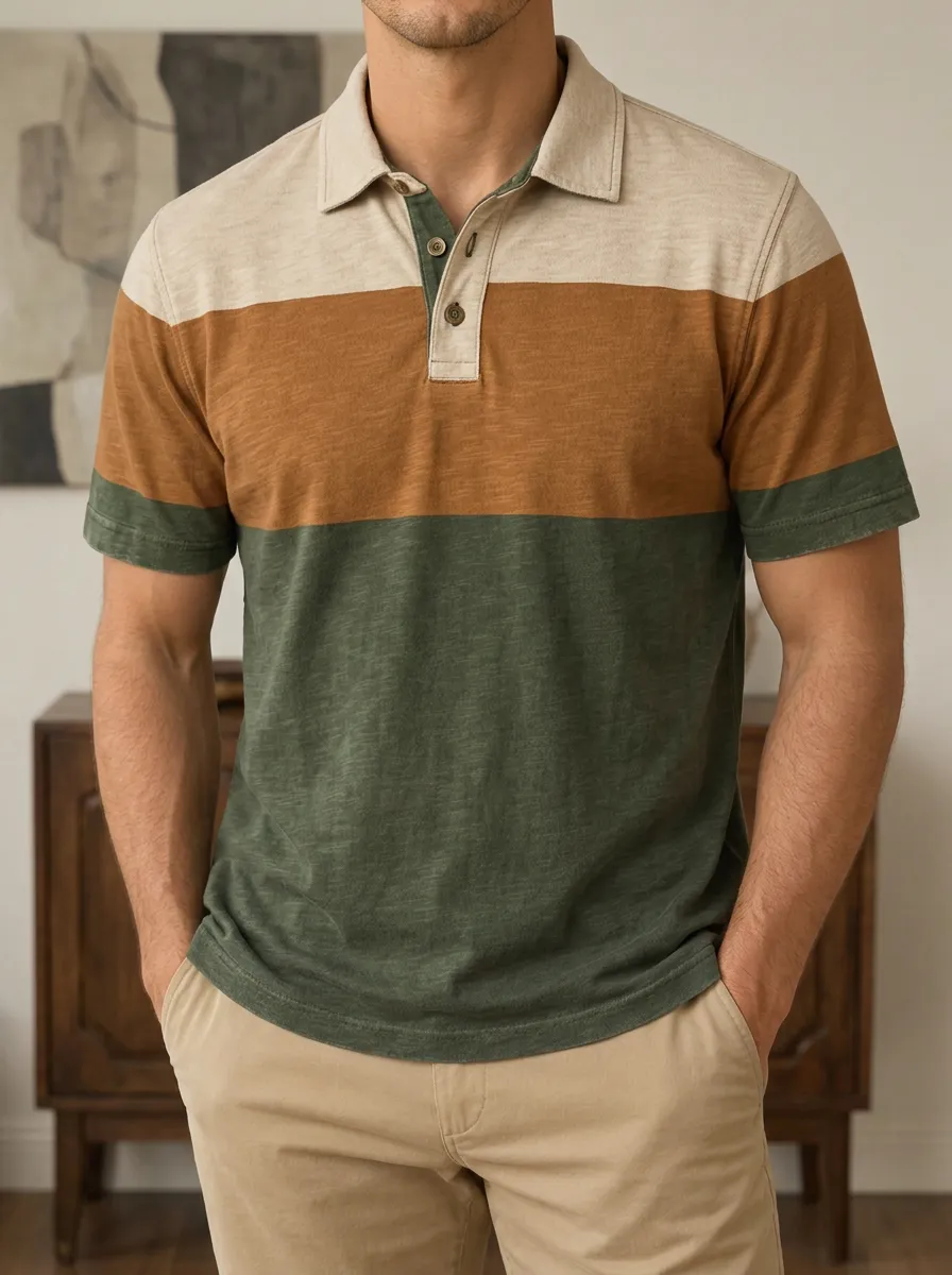 Men's Casual Earth Tone Colorblock Printed Polo Shirt