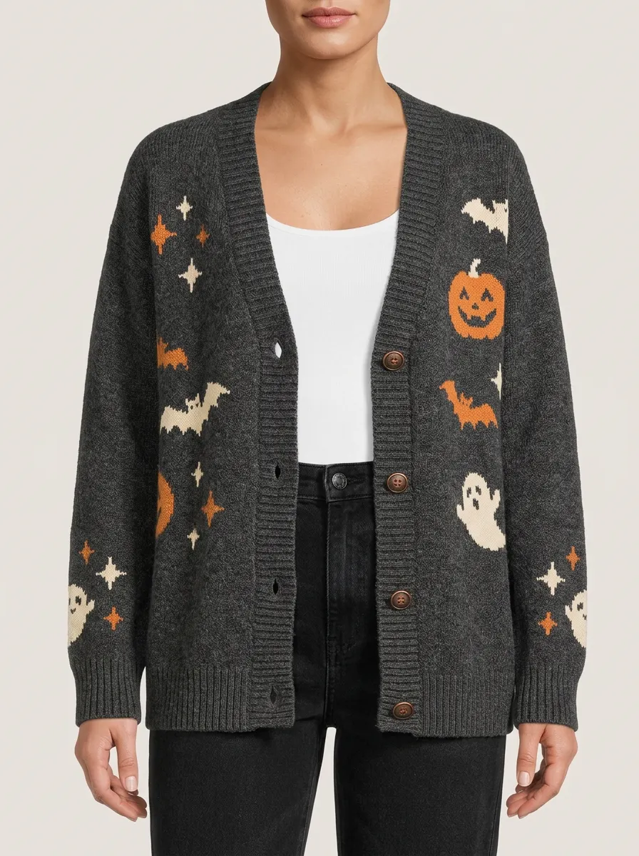 Women's Halloween Ghost Pumpkin Bat Pattern Knitted Cardigan