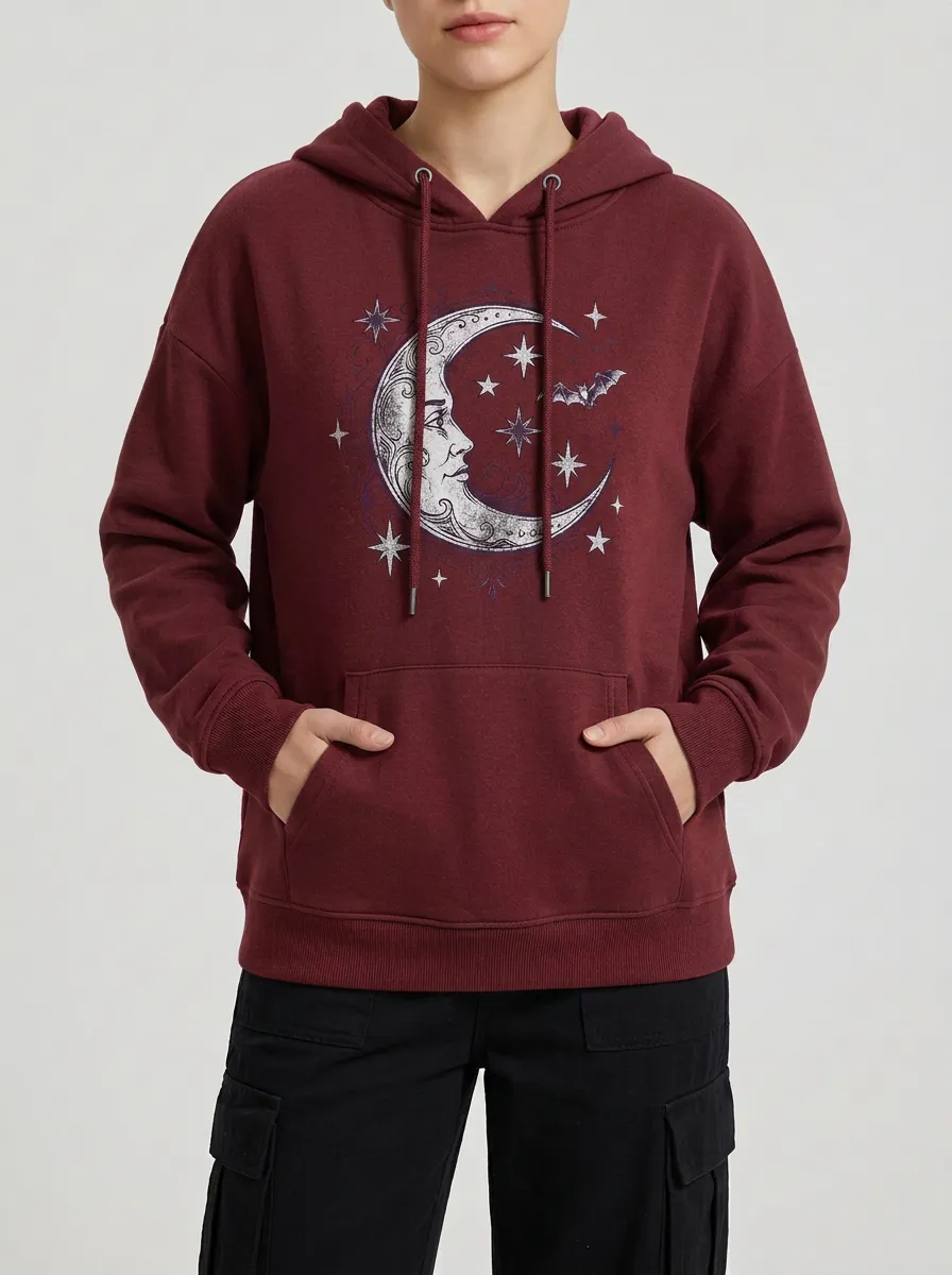 Unisex Halloween Gothic Moon Bat Stars Printed Hoodie