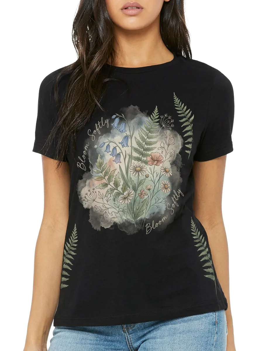 Women's Botanical Nature Lover Bloom Softly Printed T-shirt