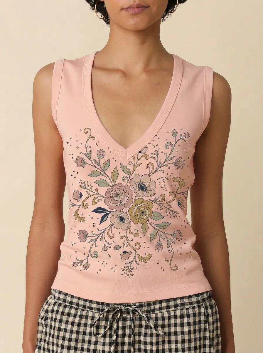 Women's Floral Lover Vintage Botanical Printed V-neck Tank Top