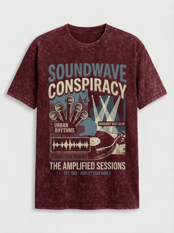 Unisex Music Lover Soundwave Microphone Vinyl Record Printed T-shirt