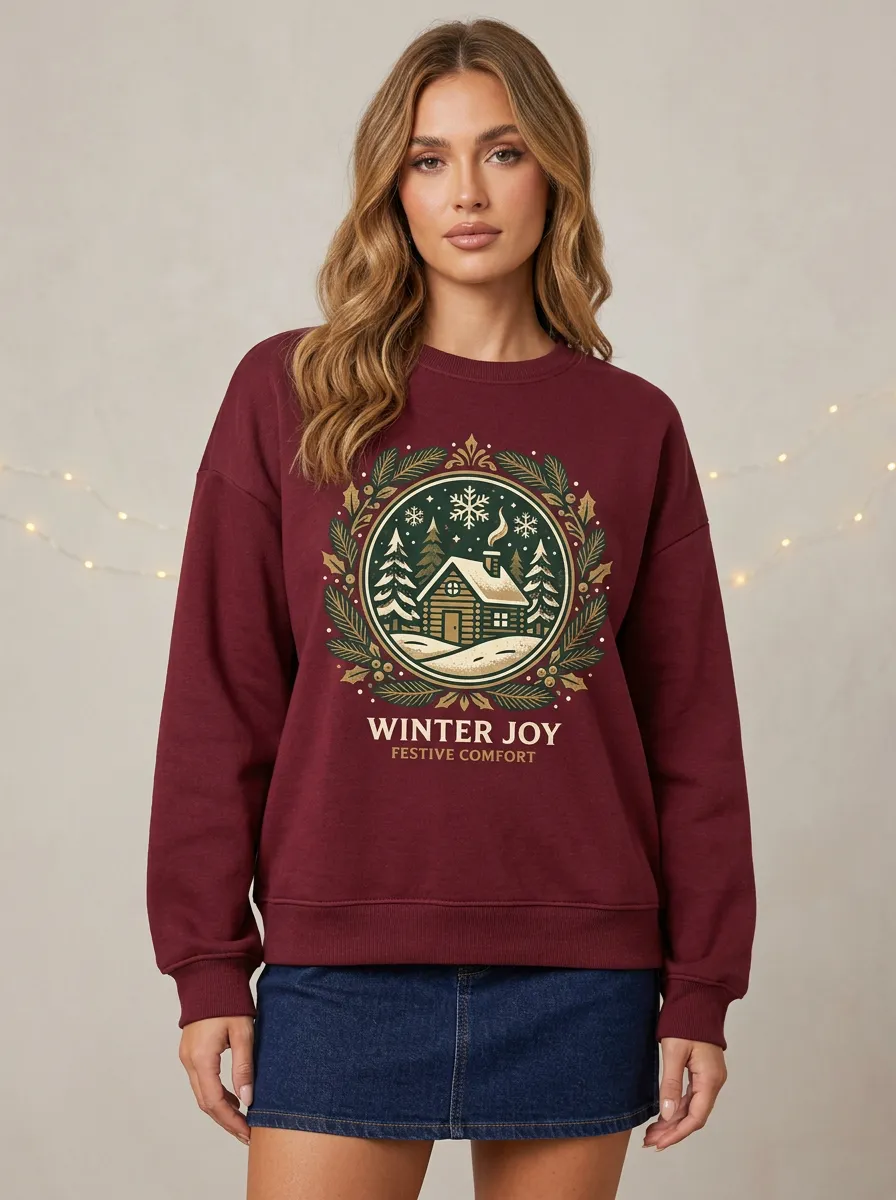 Christmas Winter Joy Cabin Pine Wreath Print Sweatshirt