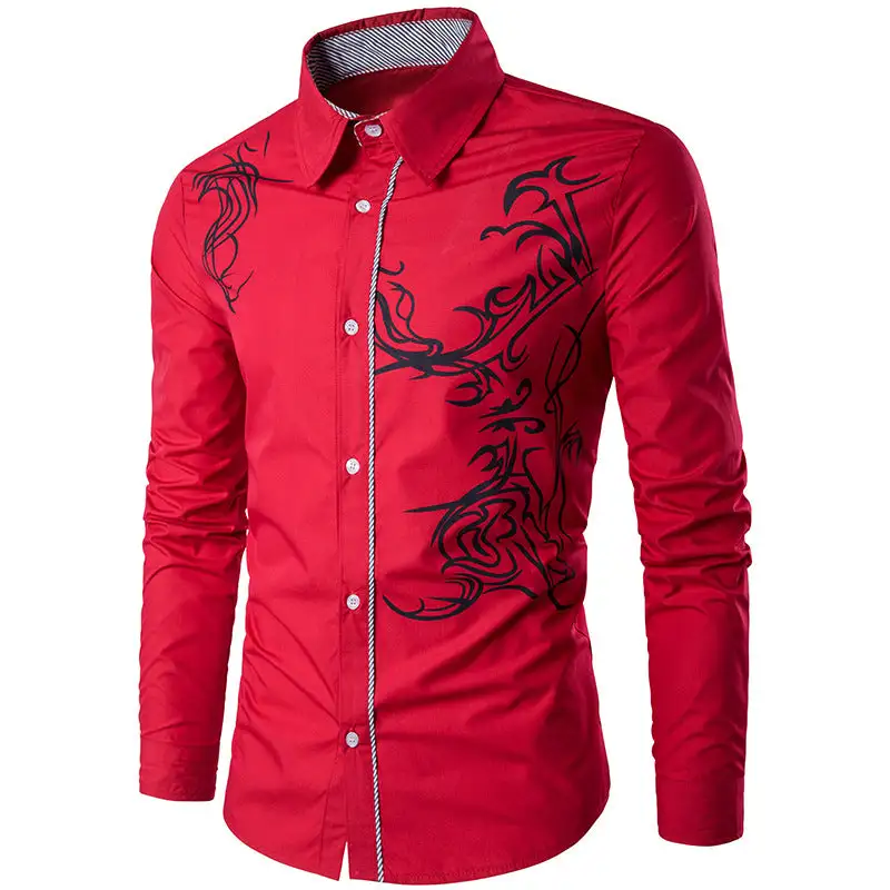Men's Fitted Shirt With Tribal Print Concealed Button Placket And Contrast Collar