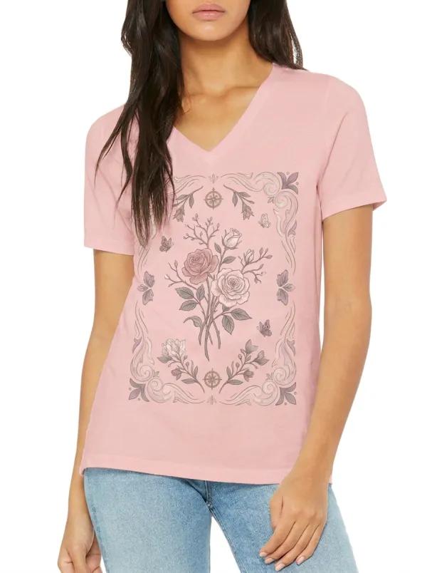 Women's Botanical Floral Butterfly Compass Printed V-neck T-shirt