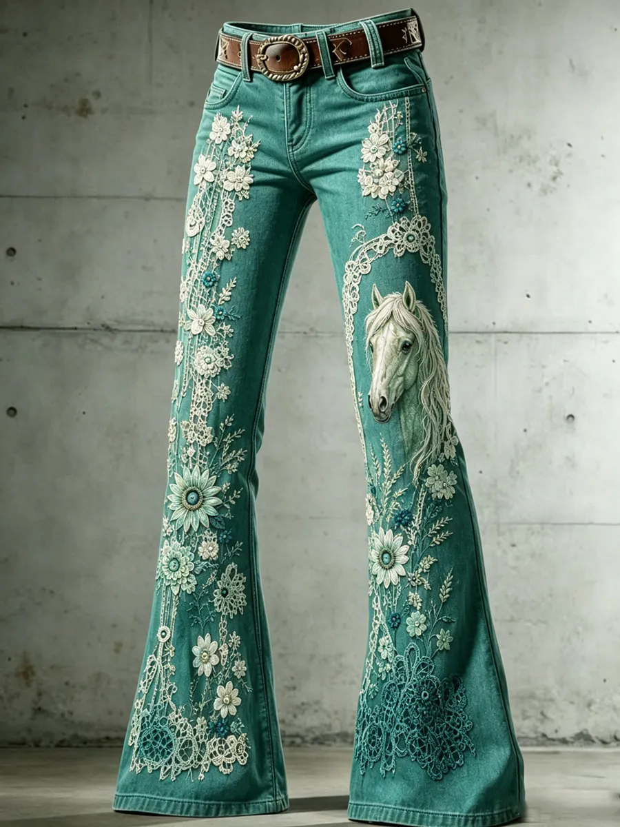 Ladies' Western Style Horse Floral Pattern Jeans