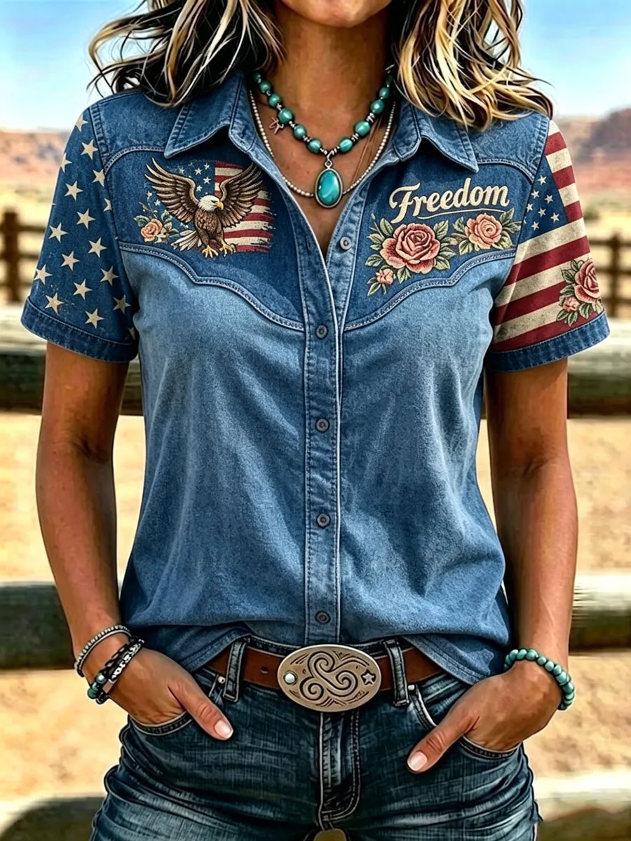 Women'S Retro Western Style Printed Short Sleeved Shirt