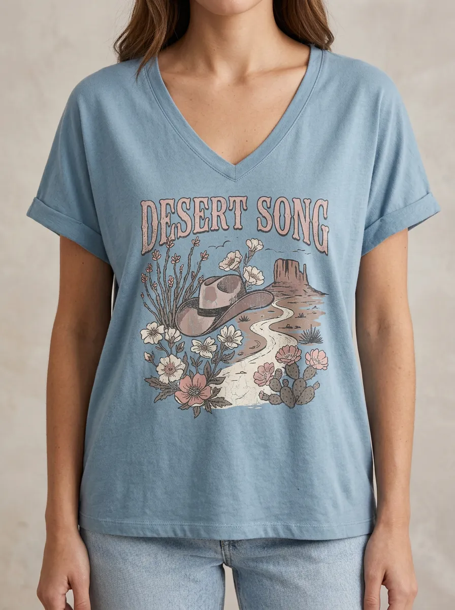 Women's Western Desert Song Cowboy Hat Cactus Printed V-Neck T-Shirt