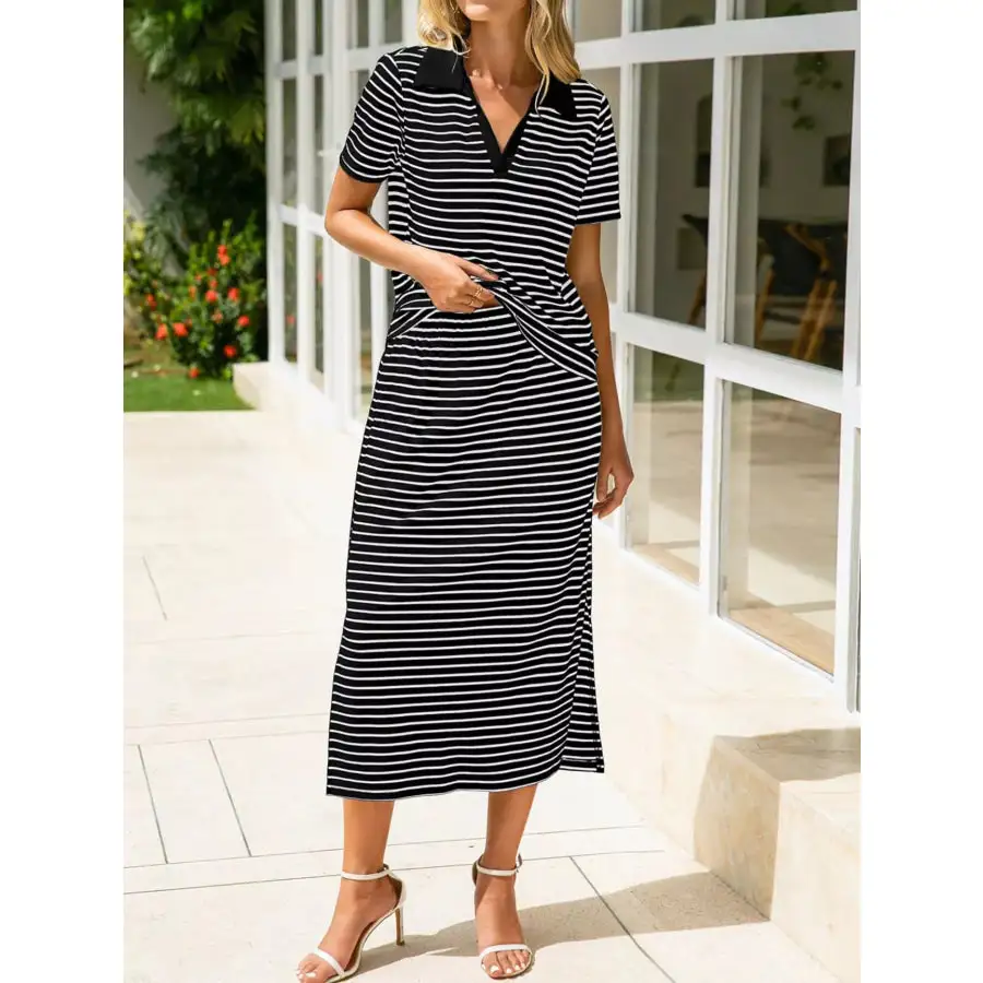 Modern Striped Polo Collar Top And Slit Skirt Two-Piece