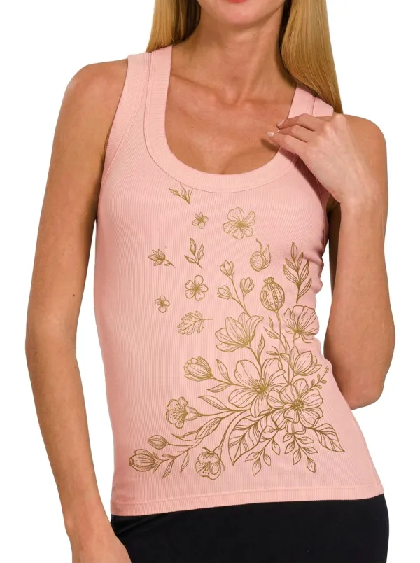 Women's Botanical Nature Lover Gold Floral Printed Ribbed Tank Top