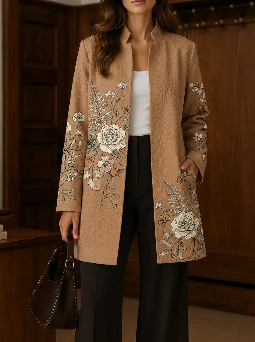 Women's Botanical Floral Fern Printed Open Front Jacket
