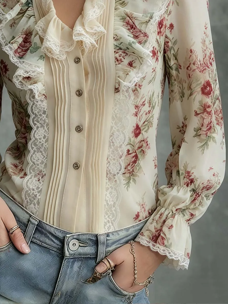 Vintage Oil Painting Lace And Floral Chiffon Blouse