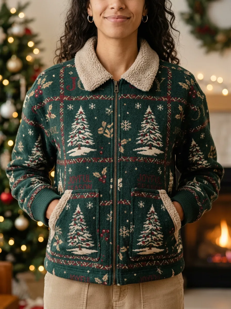 Christmas Holiday Pine Tree Pattern Print Fleece Jacket