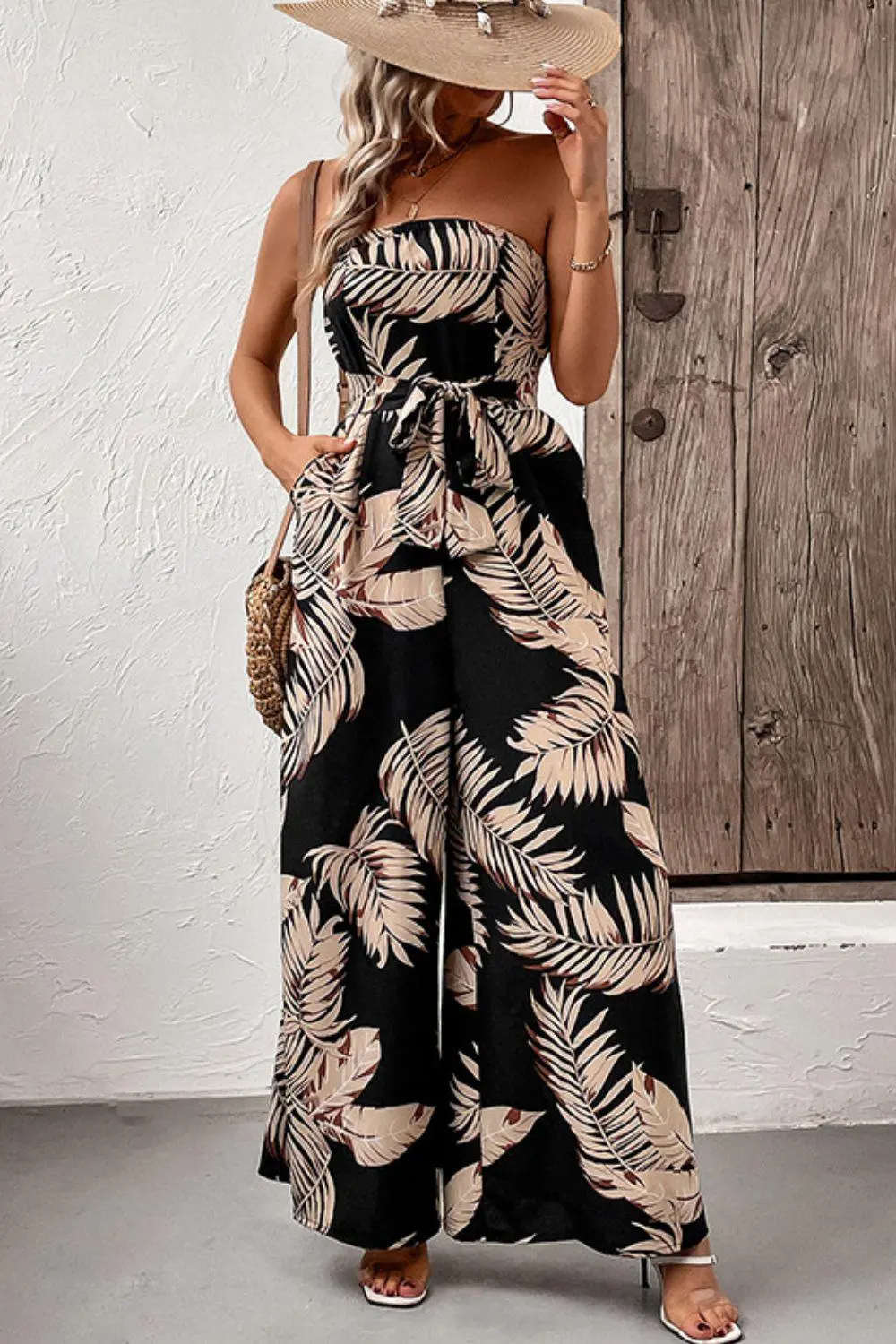 Printed Strapless Wide Leg Pockets Jumpsuit