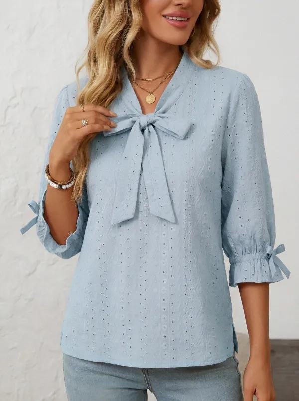Women's Pink Bow Tie Eyelet Embroidered Blouse Top