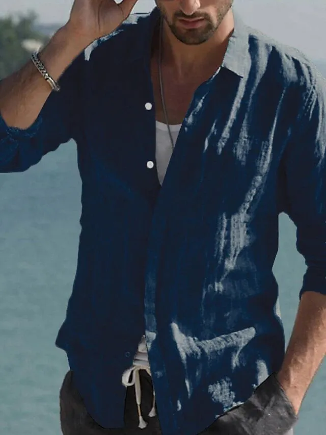 Men's Button-Front Casual Linen Shirt
