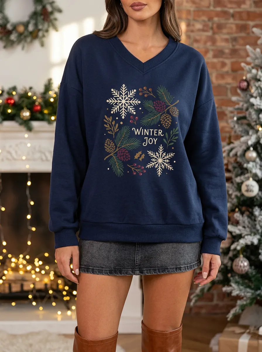 Christmas Winter Joy Snowflake Pinecone Print Sweatshirt