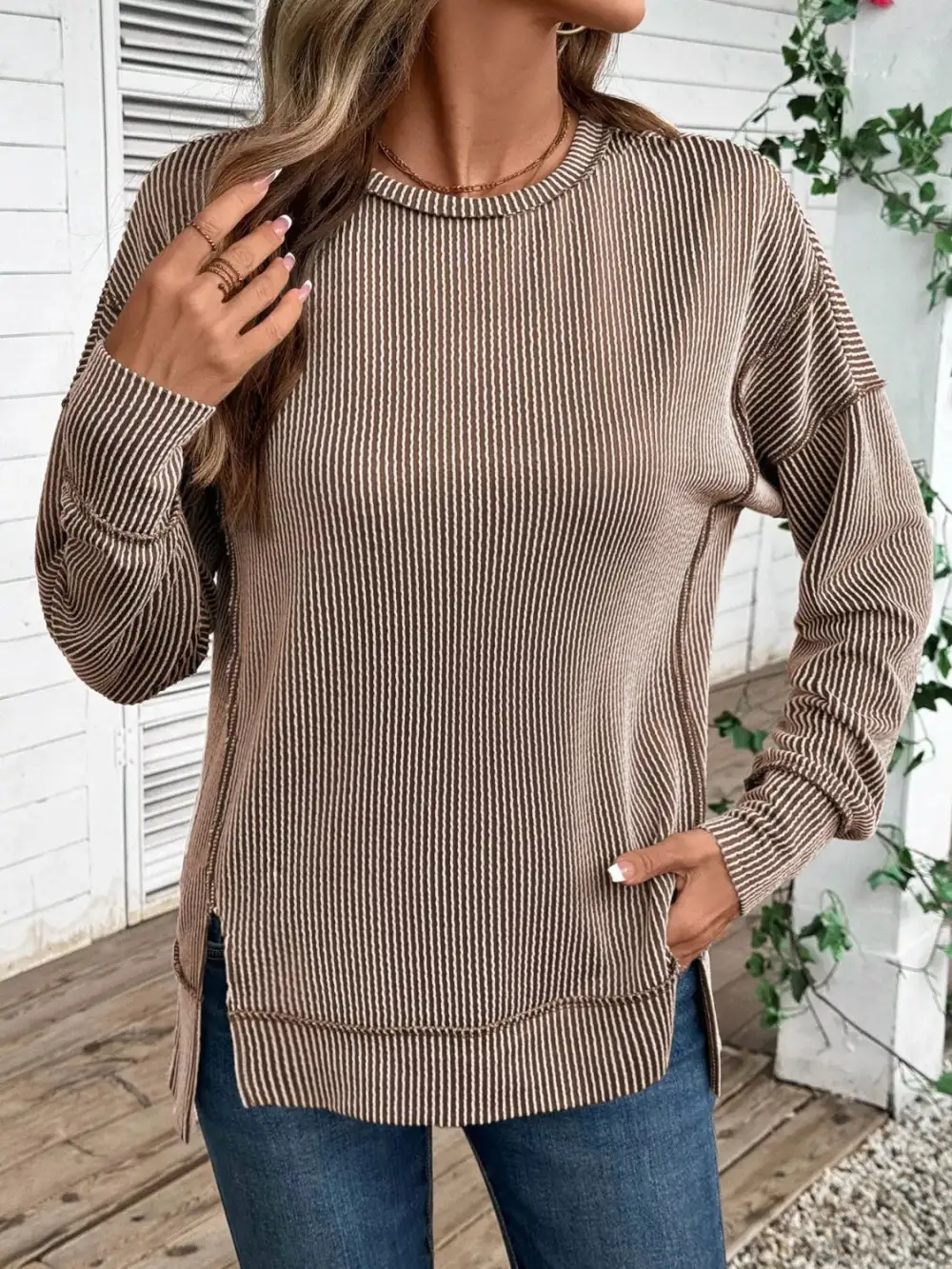 Side Slit Round Neck Sweatshirt