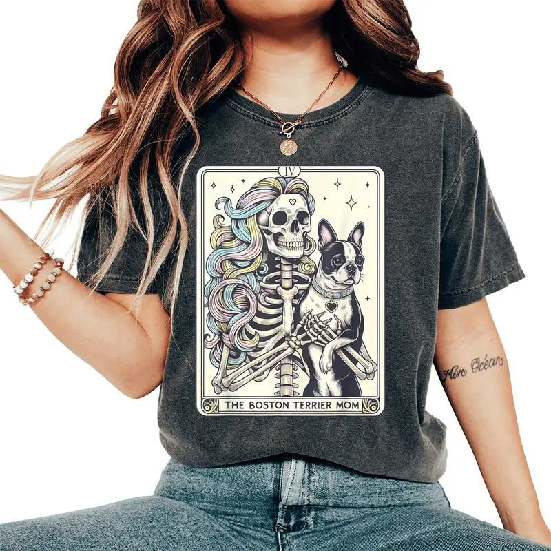 Retro Boston Terrier Mom Tarot Card Skeleton Dog Mama Women's Oversized Comfort T-Shirt