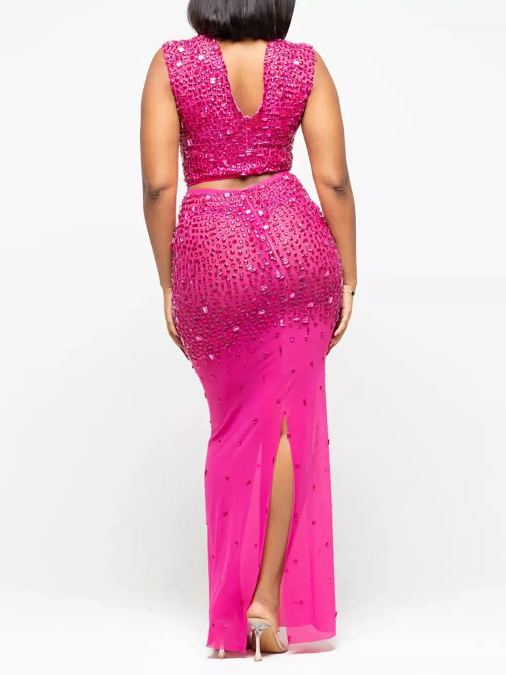 Sleek Rhinestone Sleeveless Top And Skirt Set