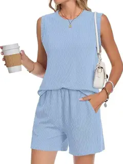Pocketed Ribbed Top and Shorts Matching Set