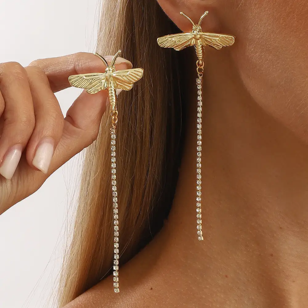 Retro Geometric Dragonfly Fringe Earrings
