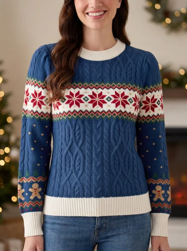 Christmas Holiday Snowflake Gingerbread Print Cable Knit Sweater