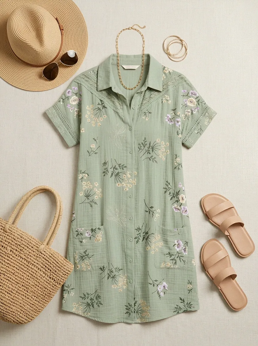 Women's Summer Vacation Floral Embroidered Printed Shirt Dress