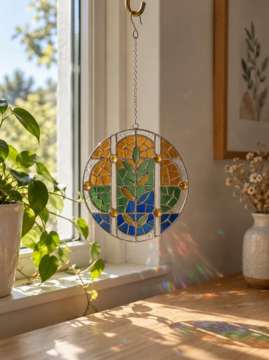 Botanical Leaf Stained Glass Printed Suncatcher