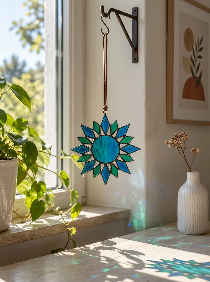Blue Green Starburst Stained Glass Suncatcher