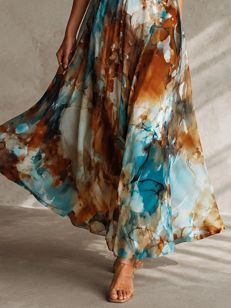 Boho Watercolor Print Chiffon Spaghetti Strap Maxi Dress