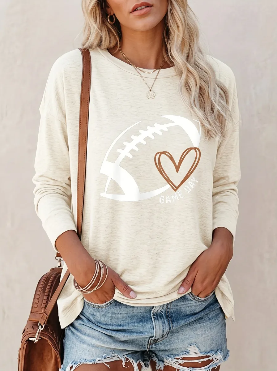 Women's Retro Inspired Gridiron Heart Ball Game Day Crewneck Long Sleeve T-Shirt
