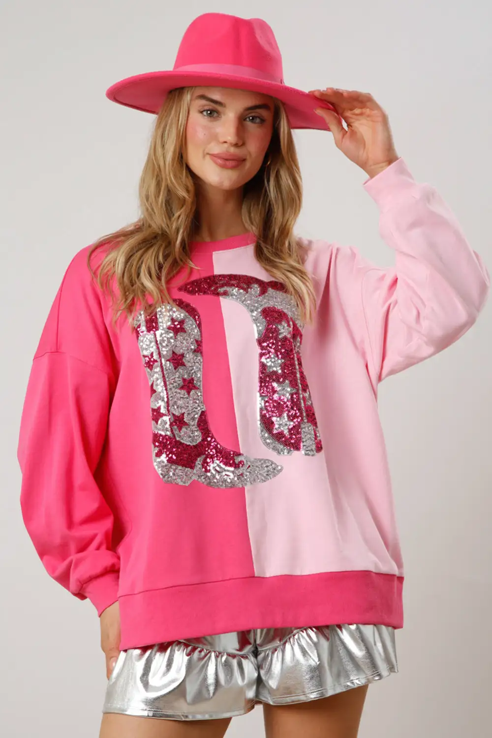 Color Block Sequined Cowgirl Boots Graphic Sweatshirt