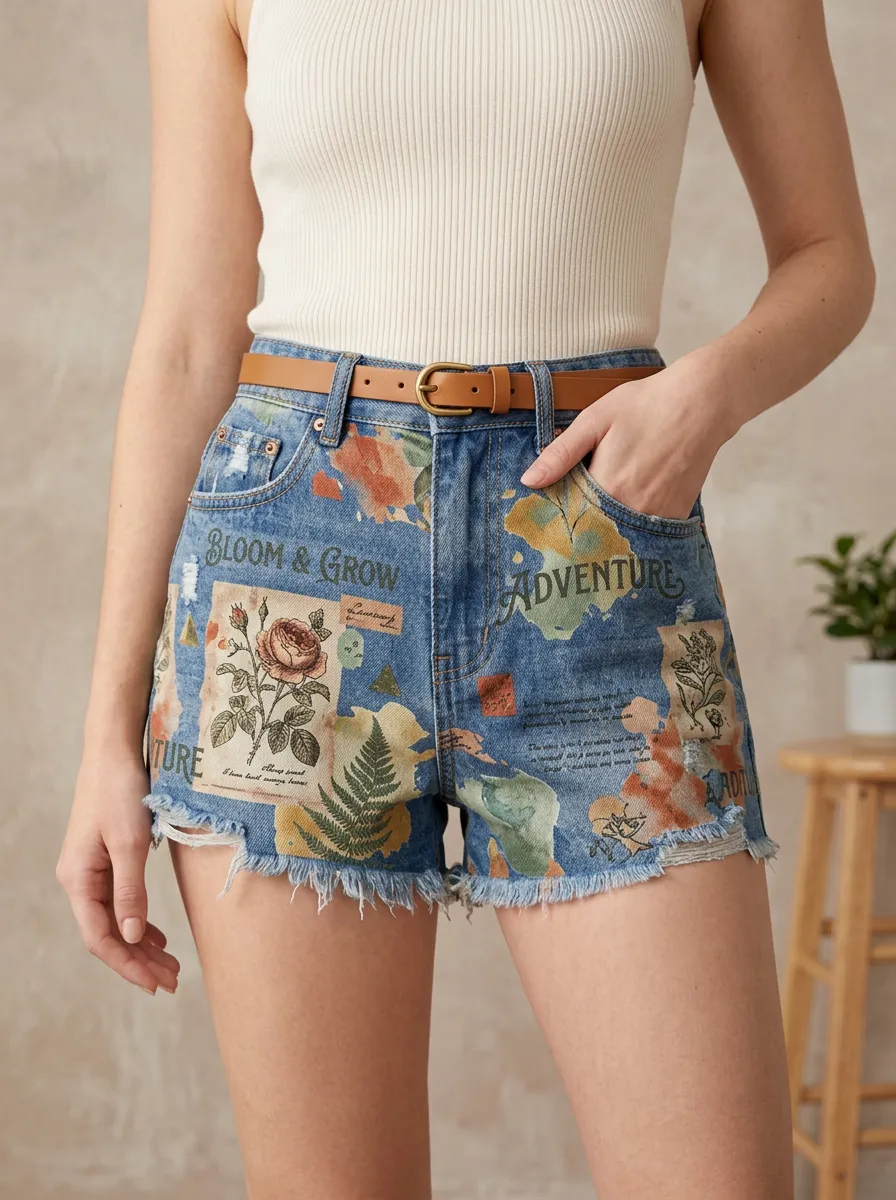 Women's Botanical Adventure Rose Fern Printed Denim Shorts