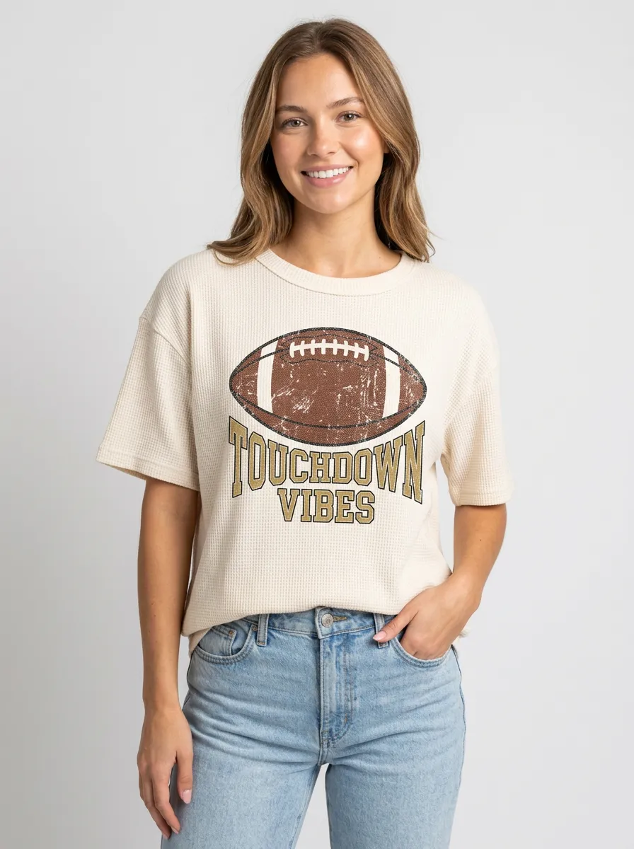 Women's Football Ball Touchdown Crew Neck Graphic T-Shirt
