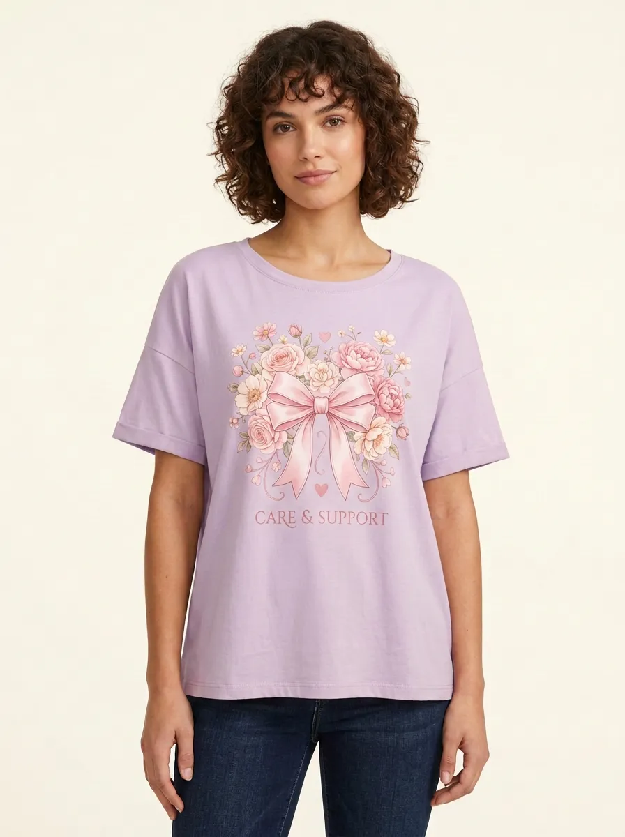 Women's Breast Cancer Awareness Floral Bow Printed T-shirt