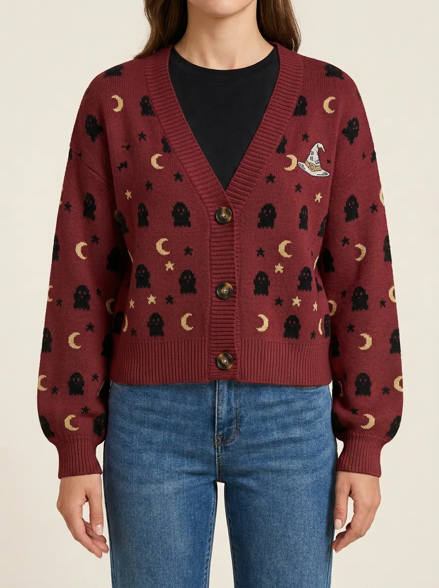Women's Spooky Ghost Moon Star Halloween Print Cardigan
